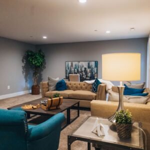 Luxurious living room with contemporary furniture and warm ambiance.